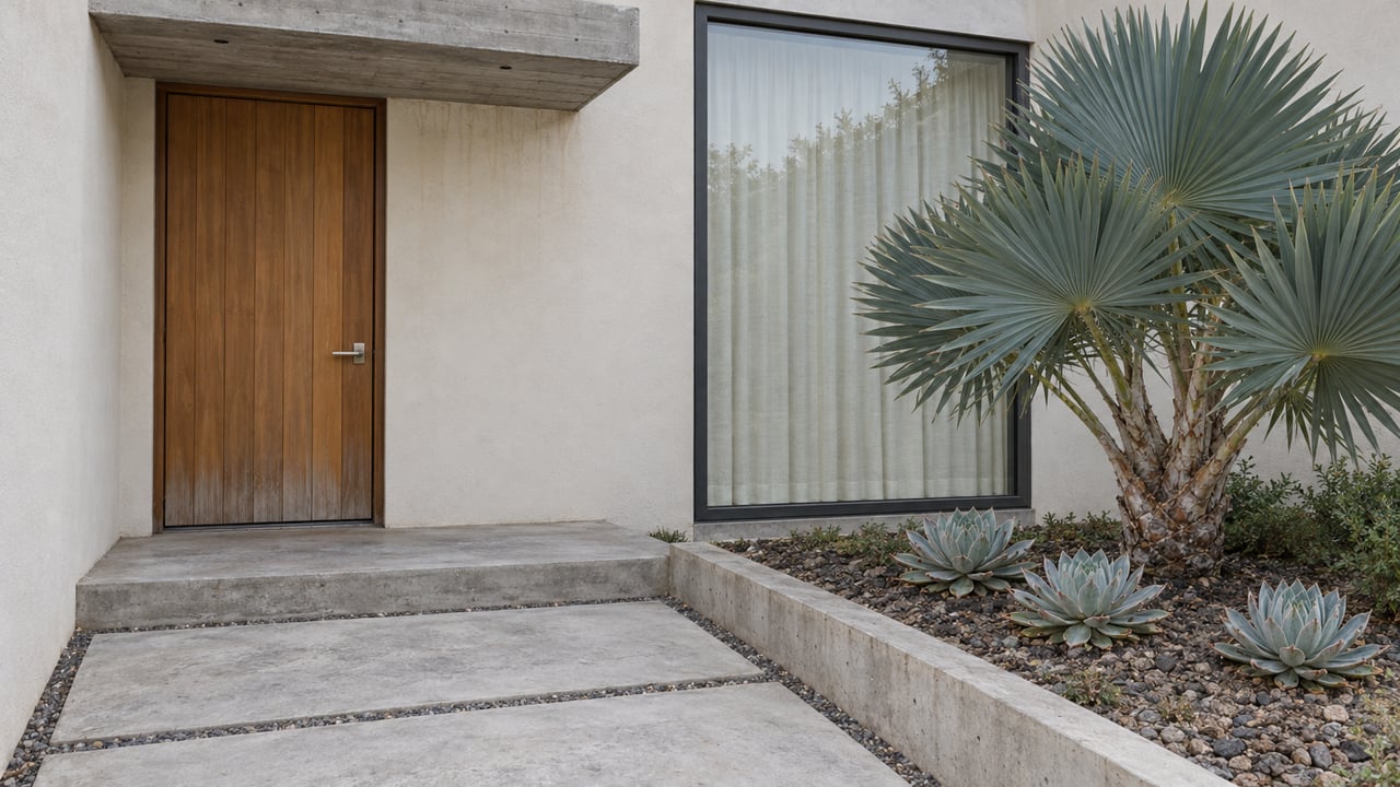 Contemporary home entry with weathered cedar door, pale stucco, concrete paving and sculptural fan aloe in a raised planting bed.