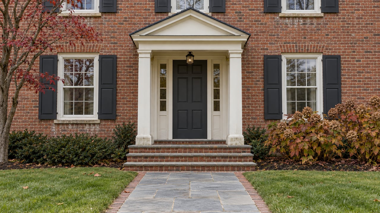 Brick home entrance with a white timber portico, dark shutters, bluestone approach, and autumn dogwood foliage.