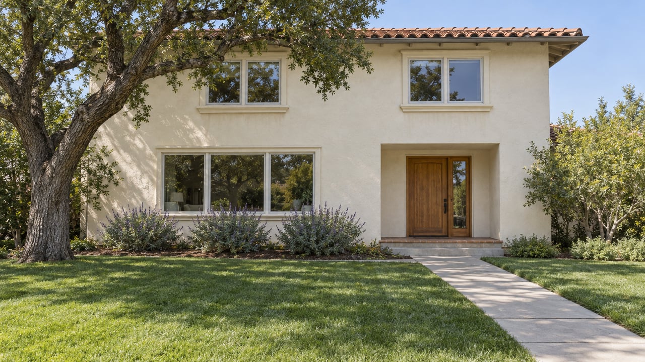 An established two-story ivory stucco home with terracotta roof tiles, a deep front lawn, an oak tree, and a concrete entry walk.