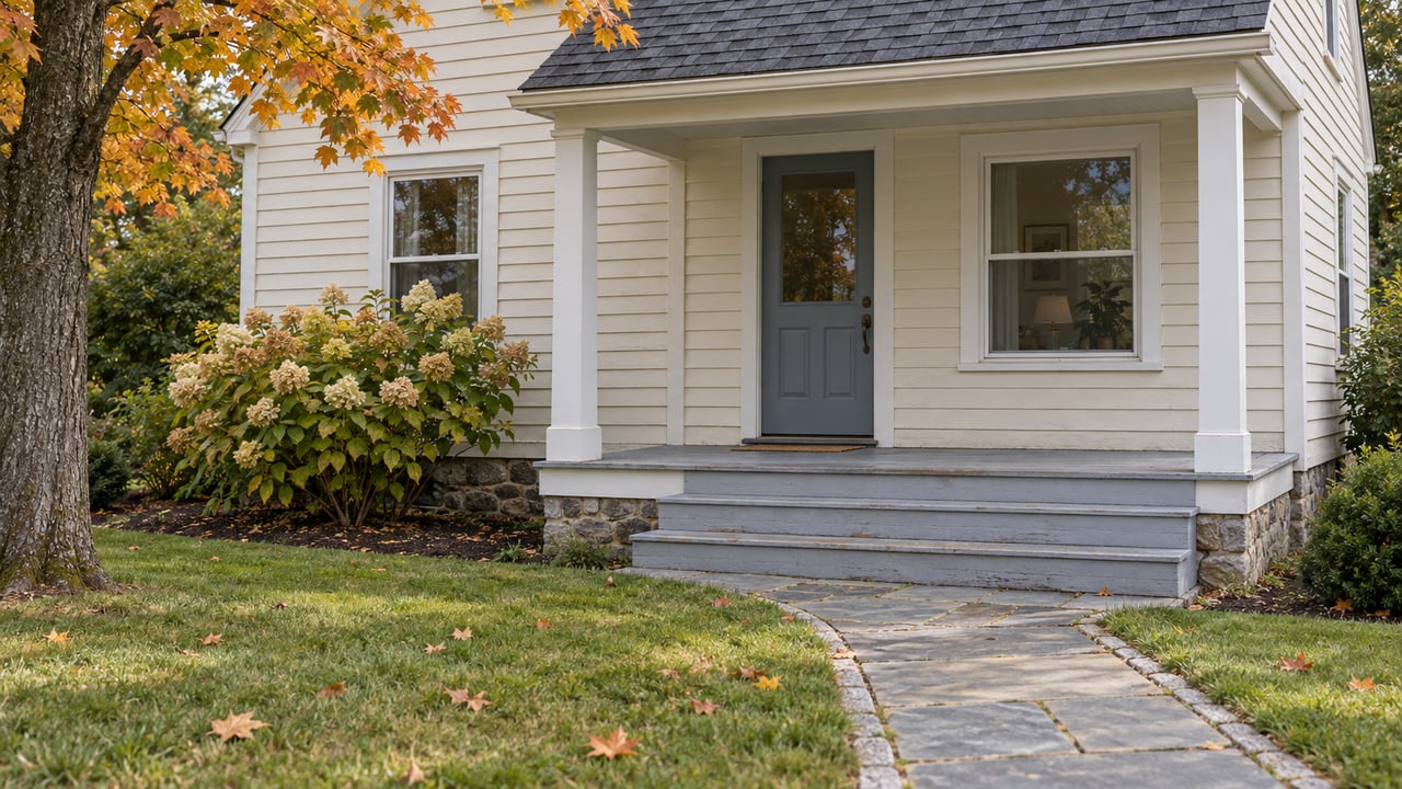 Ivory clapboard home with a blue-gray front door, weathered timber porch, bluestone walk and autumn maple foliage.