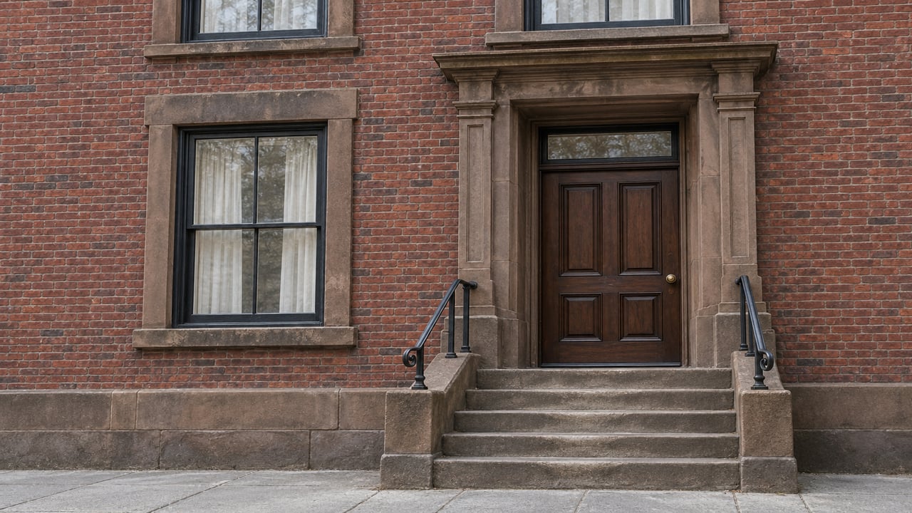 Red-brick building entrance with an ornate stone doorway, broad steps, and black-trimmed windows.