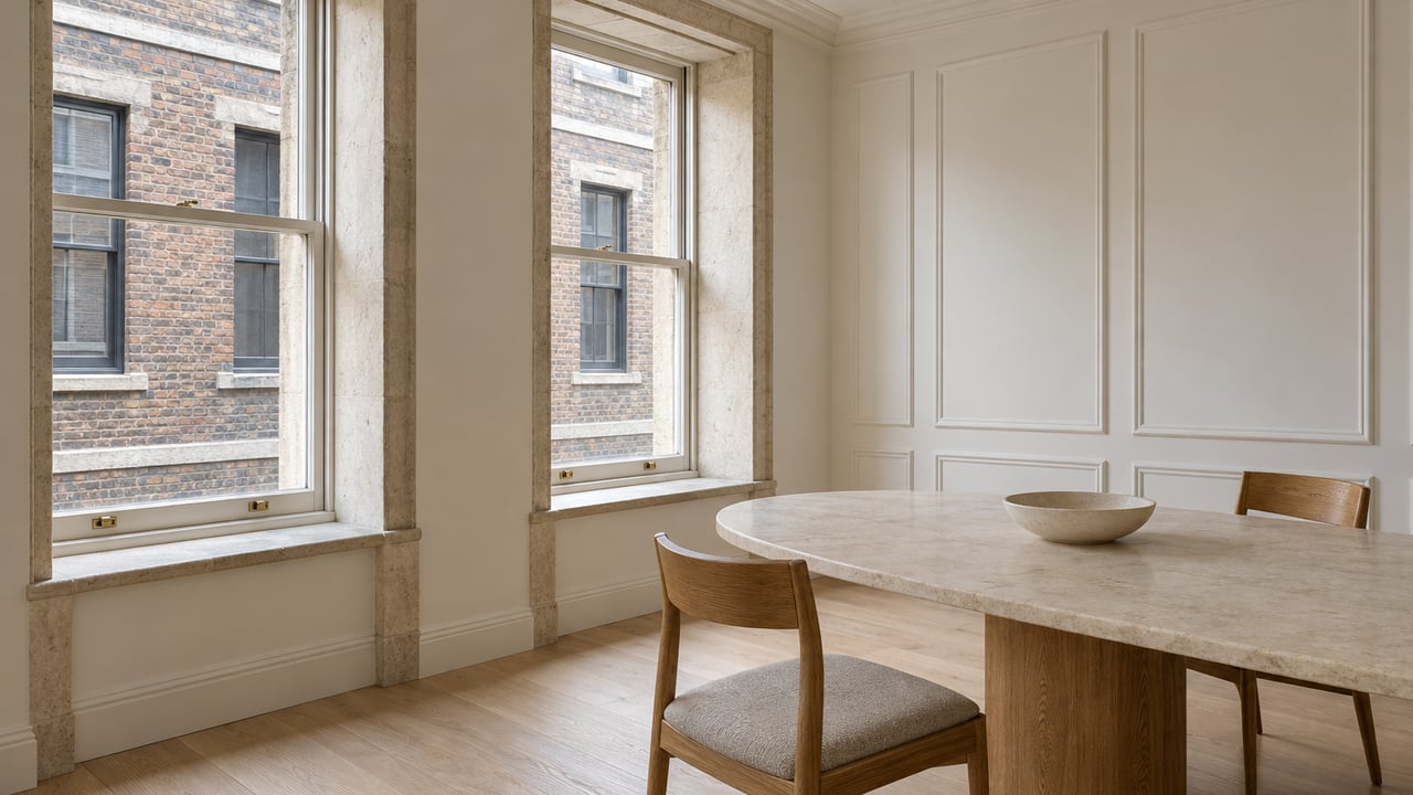 Daylight grazes deep limestone window reveals and an oval stone dining table inside a renovated townhouse dining room.