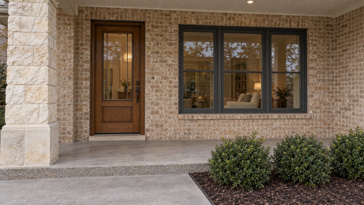 Covered brick entry with an oak front door, limestone porch pier, broad window and neatly maintained shrubs beside a concrete approach.