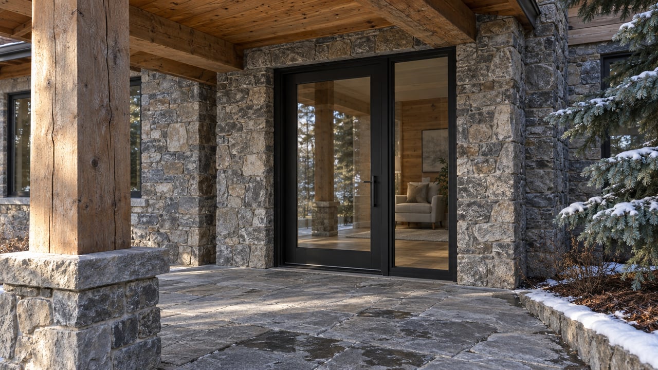 Snow lightly edges a stone terrace beside a timber-framed home with a closed glazed entry and spruce branches.