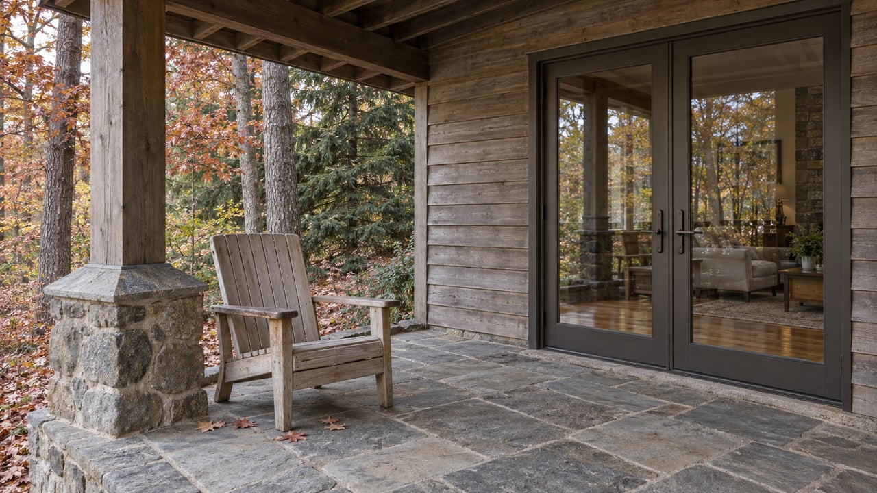 Weathered cedar home with closed glass doors, a stone-floored covered porch, and a wooden chair beside autumn trees.