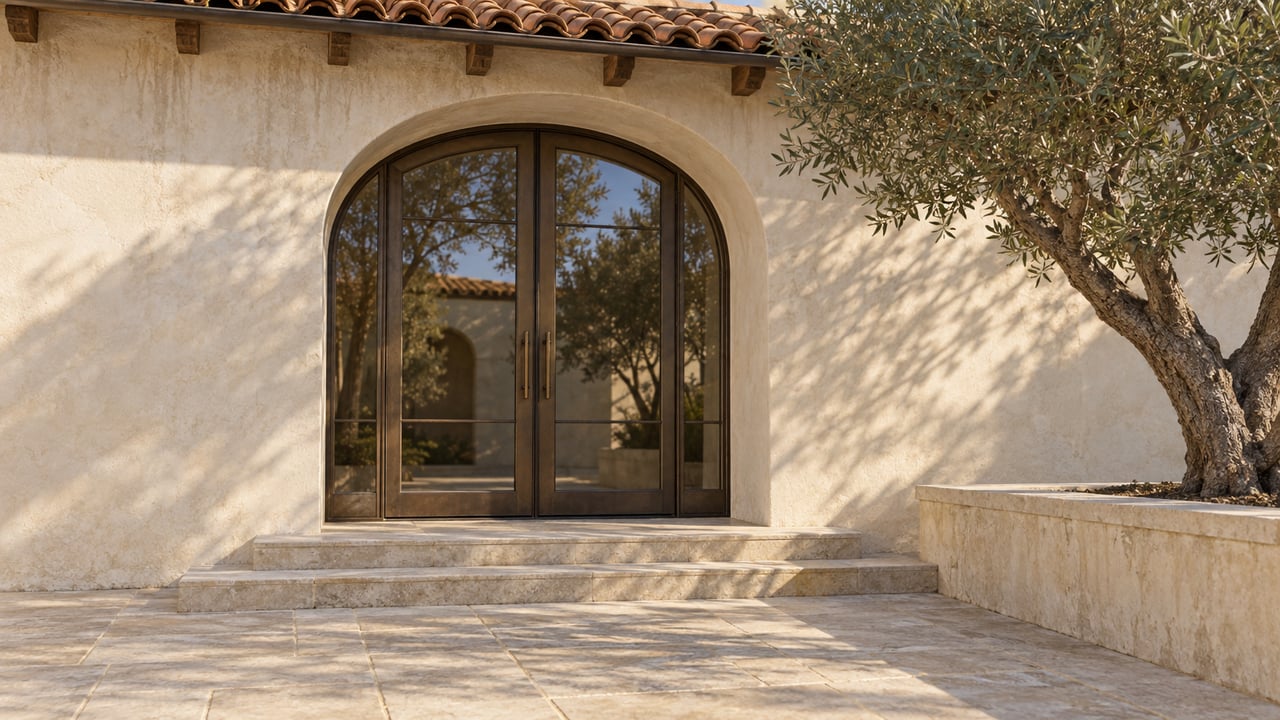Cream stucco arched entry with bronze-framed double doors, terracotta roof tiles, limestone steps and a mature olive tree in a raised stone planter.