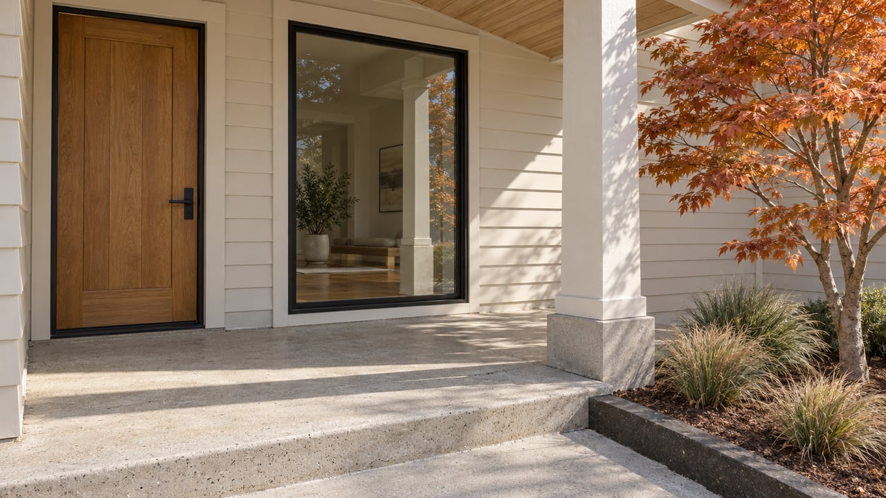 Covered entry with an oak door, ivory siding, a black-framed window and a concrete step beside copper-colored maple foliage.