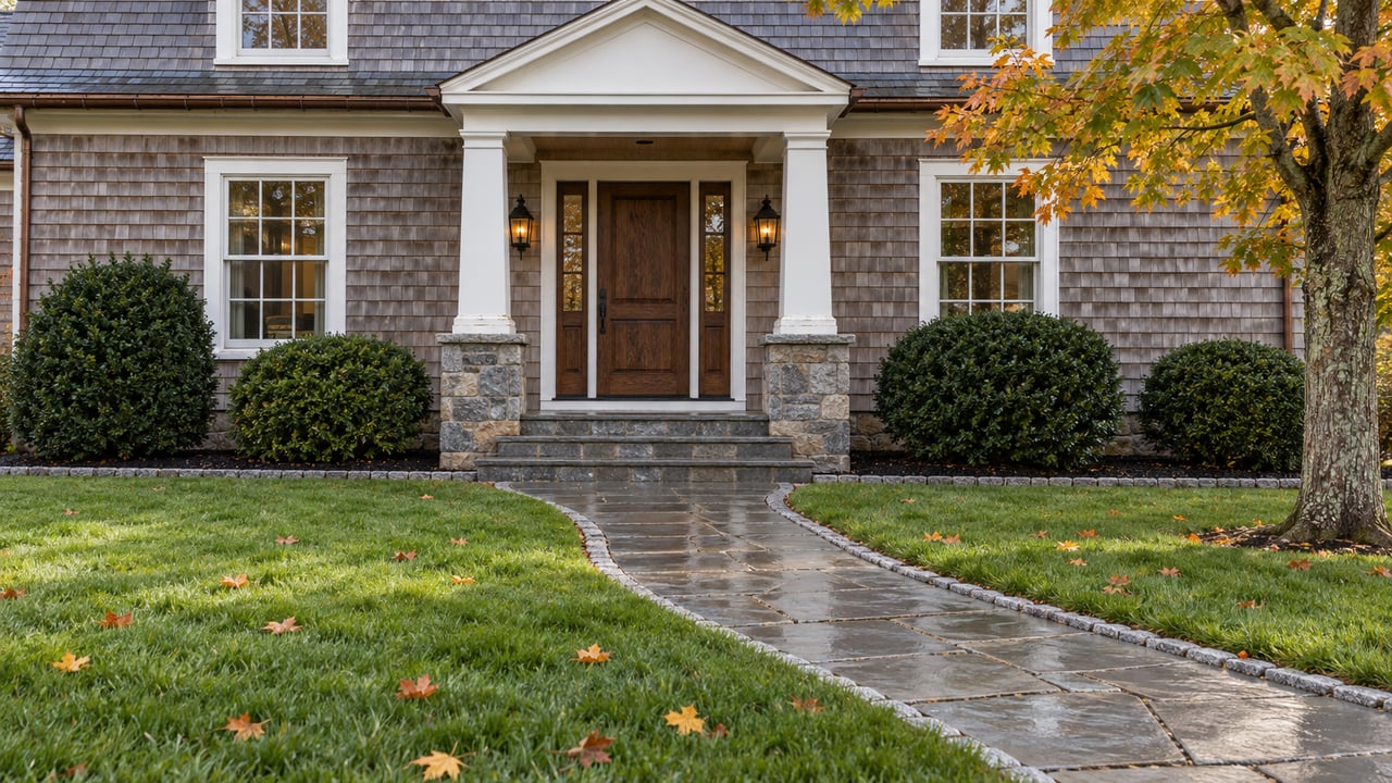 Shingle-sided home entrance with a white portico, stone steps, and a wet walkway beneath autumn leaves.