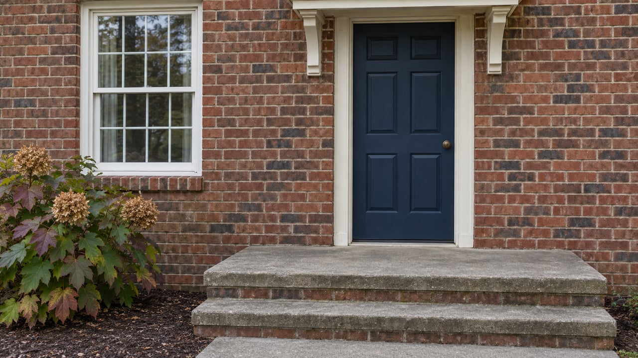 Traditional red-brick home entrance with a deep-blue paneled door, white sash window, weathered concrete steps and autumn oakleaf hydrangea.