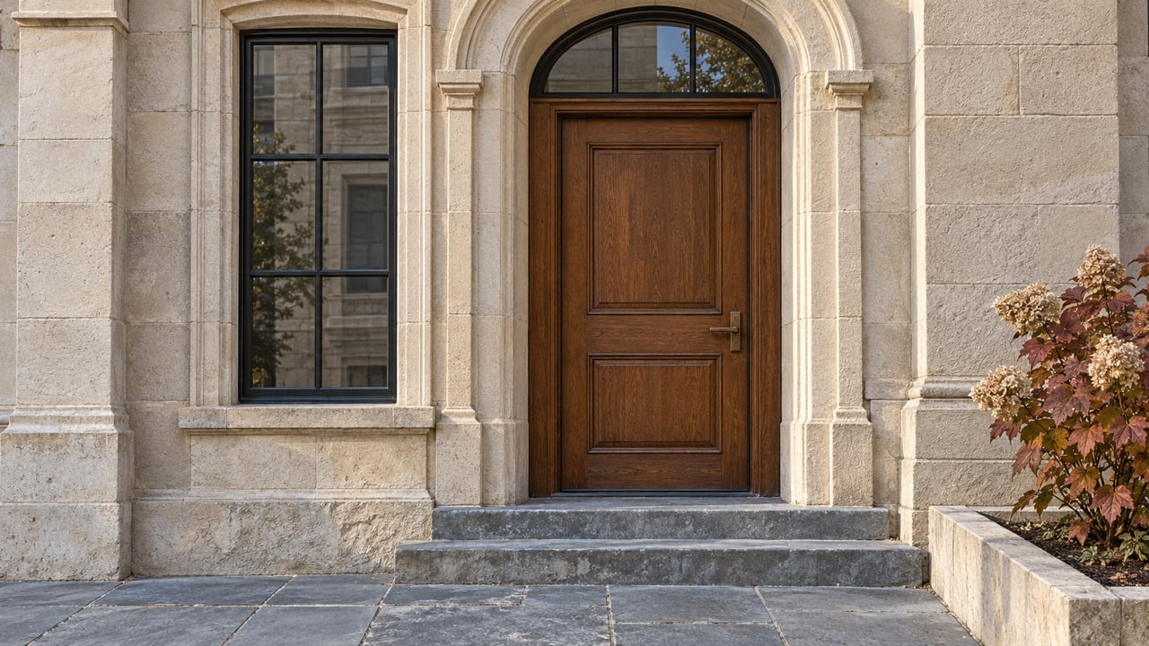 Sunlit limestone residential entrance with a closed oak door, arched transom, black-framed window and autumn oakleaf hydrangea beside bluestone steps.