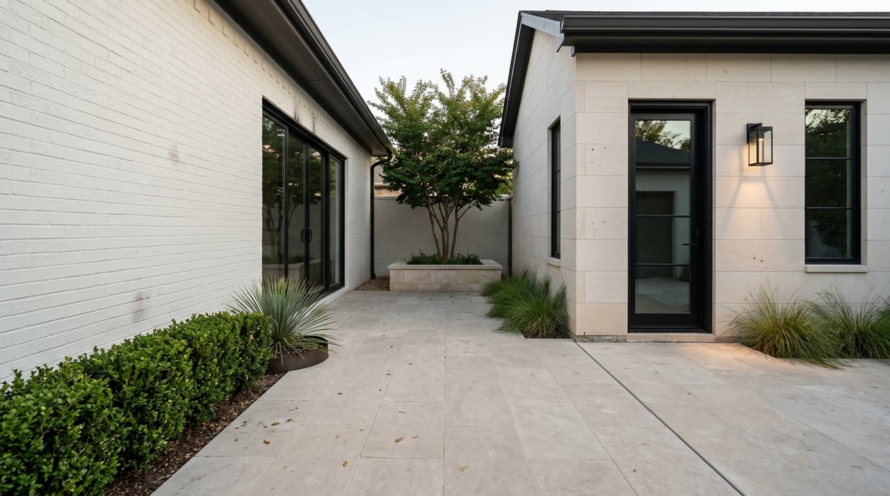Rear courtyard with a black steel-and-glass studio door, limestone pavers, and layered ornamental planting.