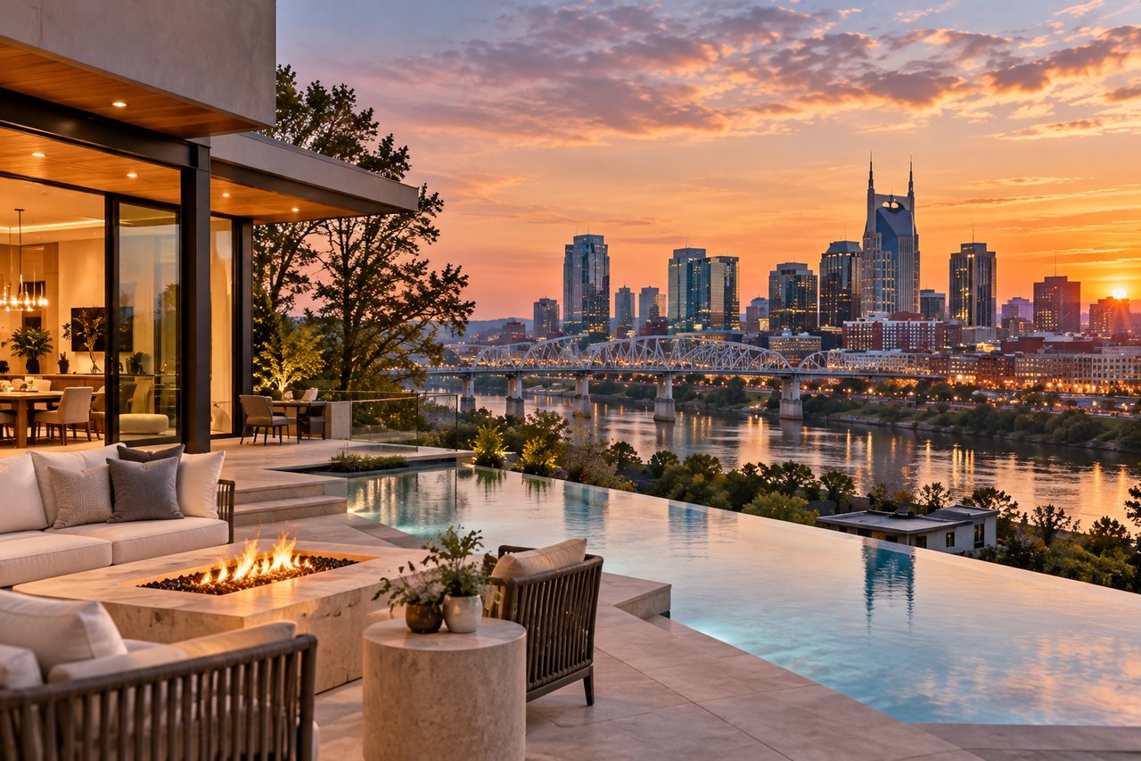 Luxury Nashville home featuring an infinity pool, elegant outdoor living spaces, and downtown skyline views at sunset, illustrating the Q4 2026 luxury real estate market and changing opportunities for buyers and sellers.