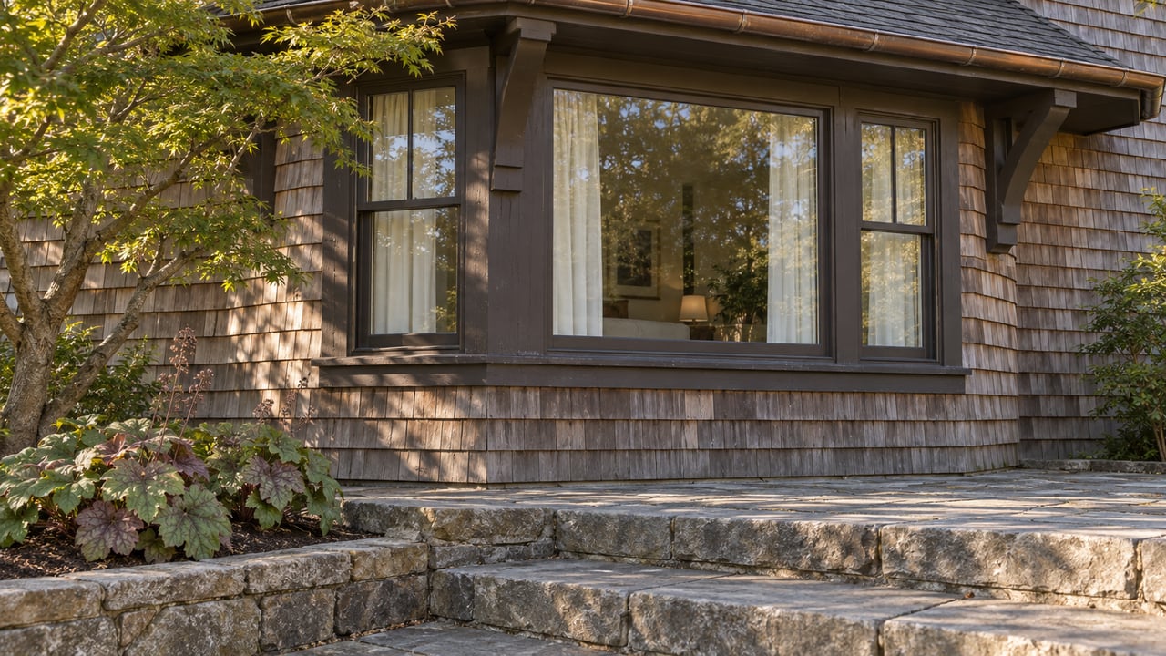 Weathered cedar-shingle bay windows above sandstone garden steps beside a mature Japanese maple.