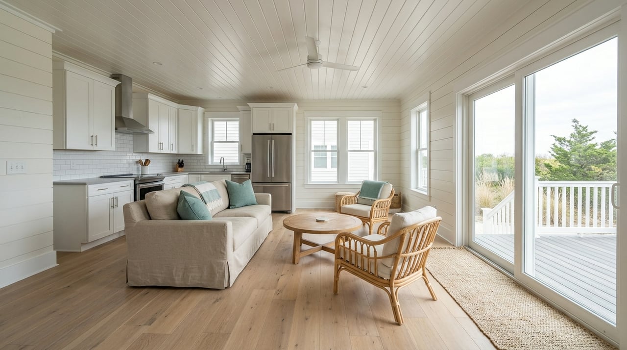 Coastal rental great room with sliding glass doors opening onto a deck.