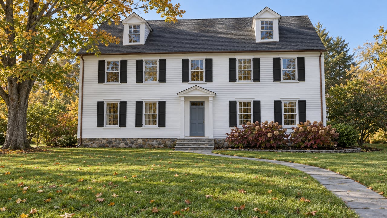 White clapboard house behind a broad lawn, with paired black shutters, a bluestone entry walk, and a maple turning gold.