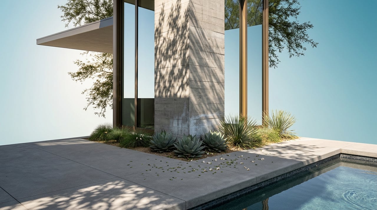 Board-formed concrete column and bronze-framed glass beneath a desert tree, with dappled shadows on paving beside a tiled pool.