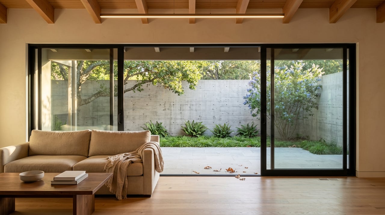Great room with an oatmeal sofa and walnut table beside black-framed glazing, opening onto a planted stone patio.