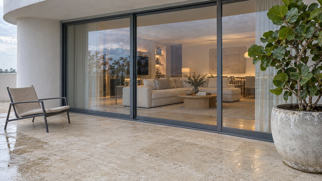 Covered apartment terrace with pale limestone paving, curved white concrete, closed glass doors and a single sea grape specimen in a ceramic pot.