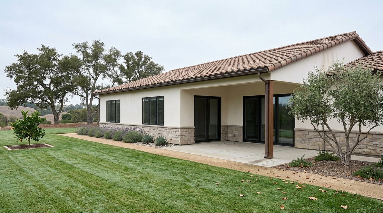 Single-story stucco home with a stone base, covered patio, lawn, and mature oak trees behind it.