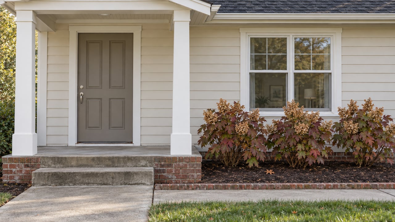 Cream-sided home with a covered front entry, white porch columns, brick foundation and oakleaf hydrangeas in autumn color.