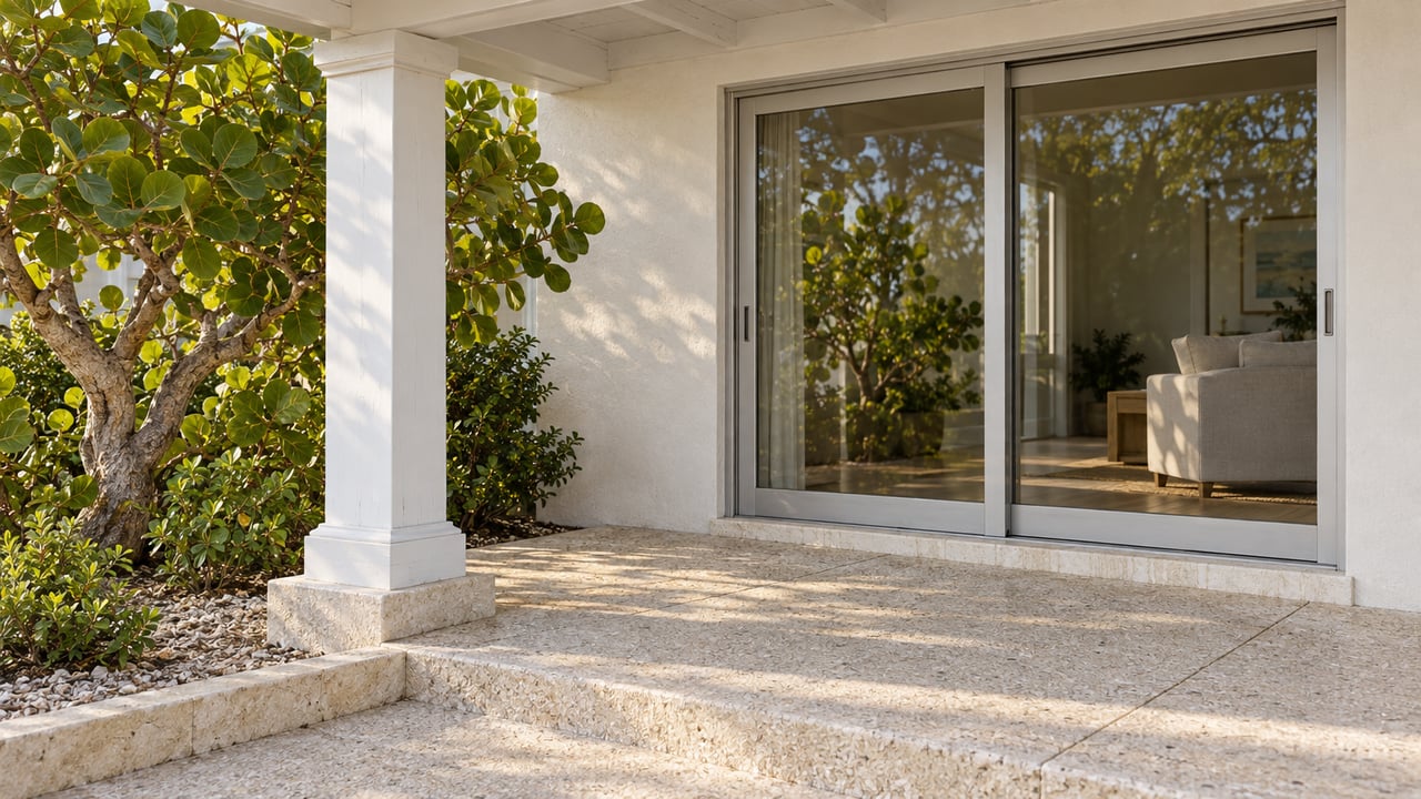 Sunlit white timber porch and glazed doorway above a shell-aggregate step, with a sculptural sea grape beside the column.
