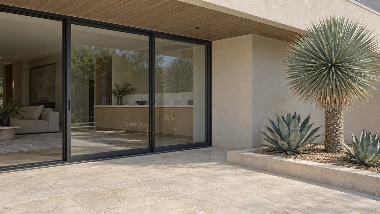 Pale stucco and charcoal-framed glass doors meet an ivory stone terrace beside a raised masonry curb and a sculptural yucca with two agaves.