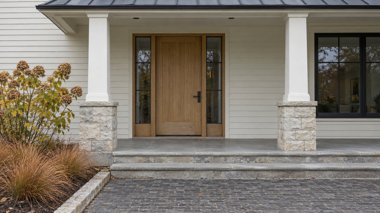 An ivory-sided home entrance with an oak door, paired sidelights, limestone steps and dried autumn hydrangea.