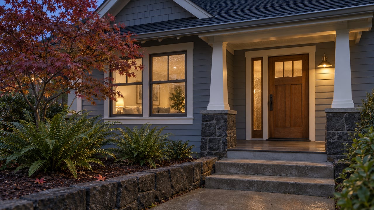 Blue-gray gabled home at twilight with a warmly lit sheltered entry, basalt steps, a vine maple, and sword ferns.