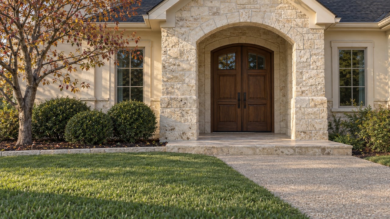 Recessed double-door entrance of a substantial stone and ivory stucco home, framed by an autumn redbud and a neatly edged lawn.