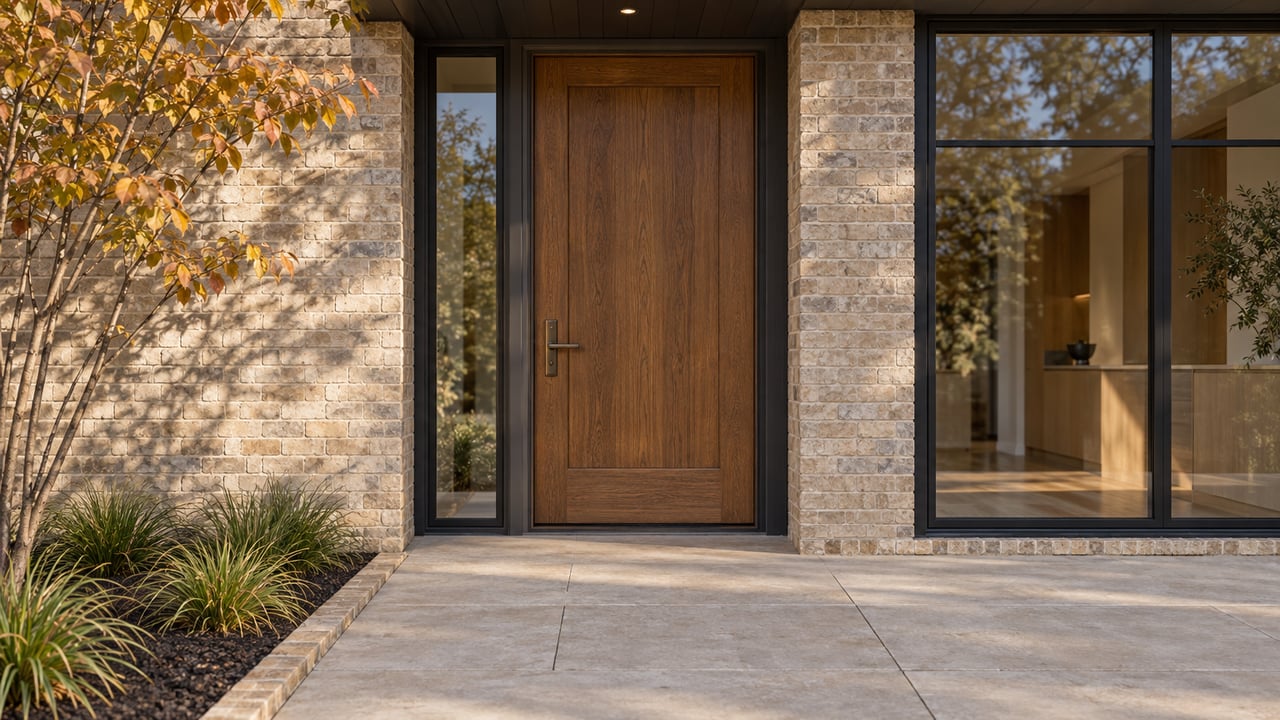 Recessed oak front door with a narrow sidelight, black-framed window, brick facade, and limestone approach.