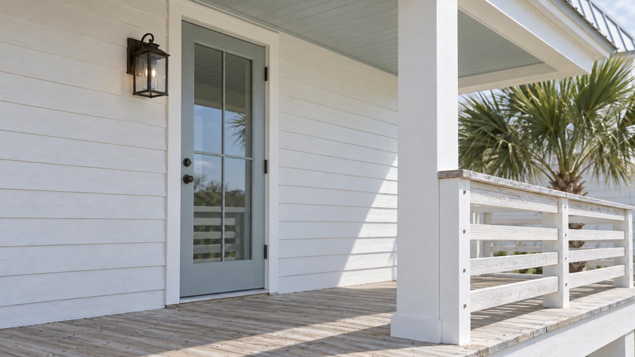 Weathered white coastal-house siding with a glazed entry door, porch railing, and palmetto beyond.