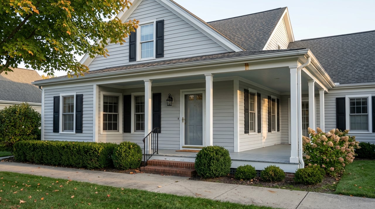 Gray clapboard farmhouse with a wraparound porch beside a mown lawn and paved path, scattered with autumn leaves.