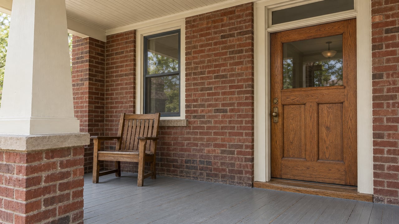 Close view of a brick bungalow porch with a glazed oak entry door, painted timber column and oak chair in soft daylight.