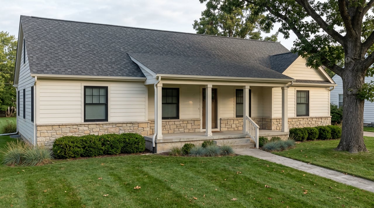 Off-white one-and-a-half-story home with stone veneer, front porch, broad lawn, and mature oak tree.