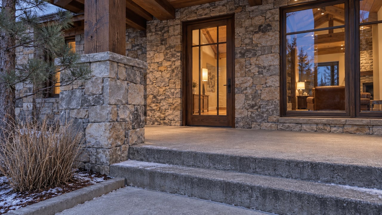 A stone-and-timber home entry at dusk, with warm light behind closed glazing and traces of snow on concrete steps.