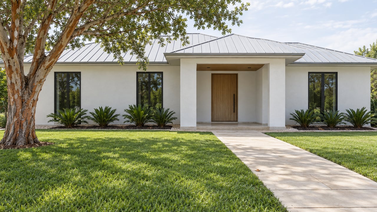 Sunlit white masonry home with a silver standing-seam roof, broad front lawn, pale paver walk, and a copper-barked specimen tree.
