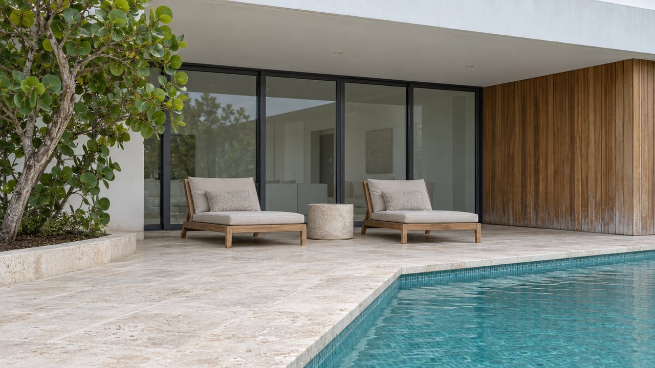 White stucco terrace with closed sliding glass doors, teak lounge chairs, limestone paving and a turquoise-tiled pool corner.