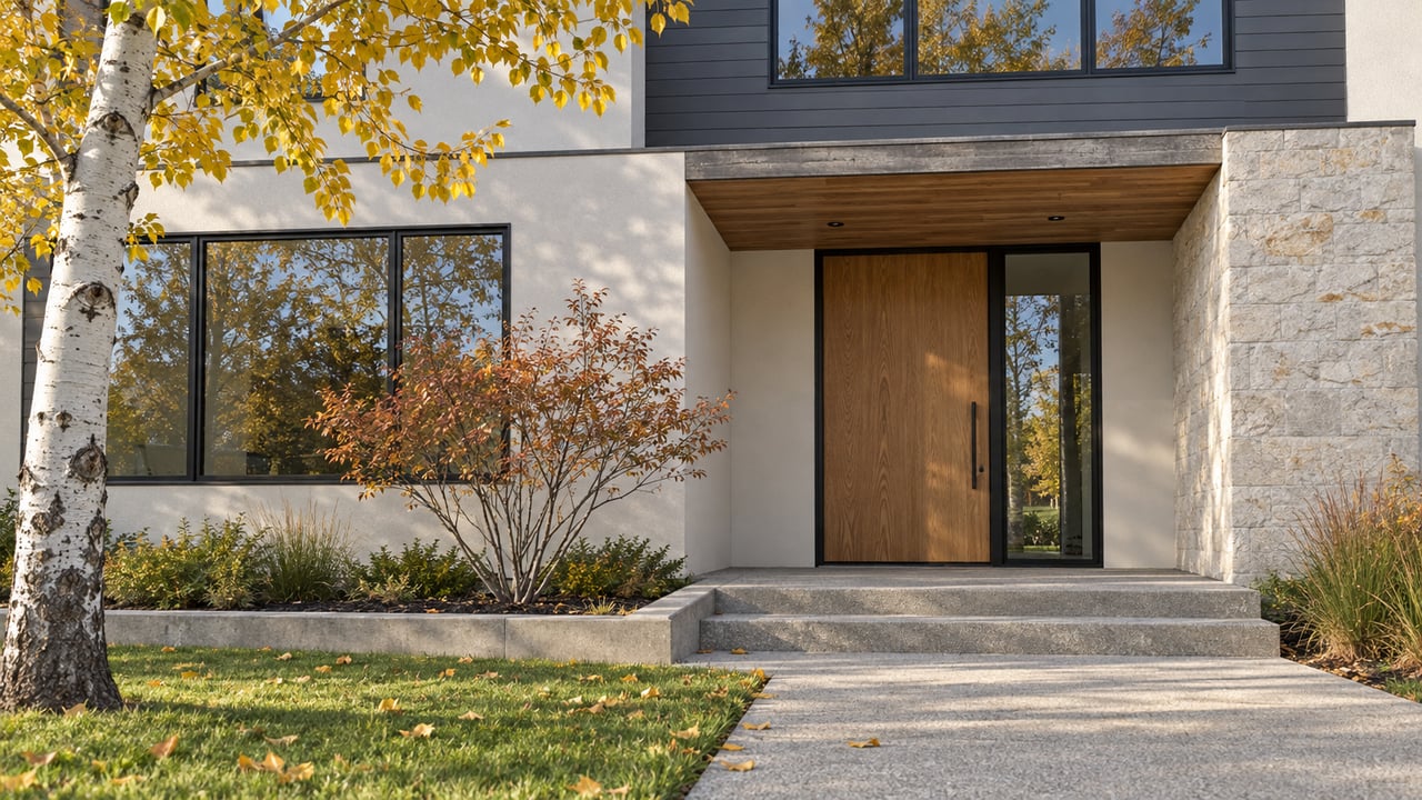 Autumn light on a contemporary home's oak entry, limestone pier and concrete approach beside a golden-leaved aspen.