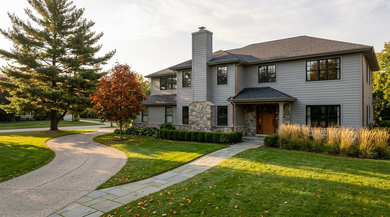 Gray two-story home with a stone chimney, front lawn, mature pine, and orange-red maple.