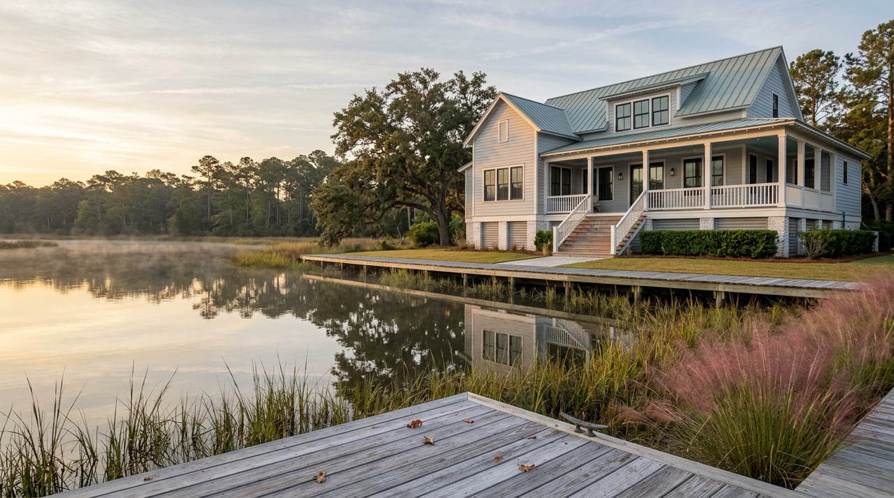 Raised gray coastal home with a covered porch across still water, linked to a wooden dock by a boardwalk.