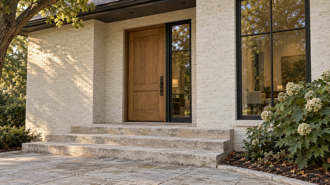 Inset oak entry door beside black steel-framed glazing, above broad limestone steps in painted-brick walls.