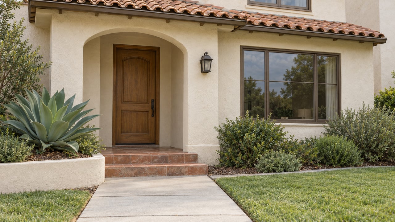 An ivory stucco home's sheltered oak entry, clay tile roof, and bronze-framed window above a concrete walk and small lawn.