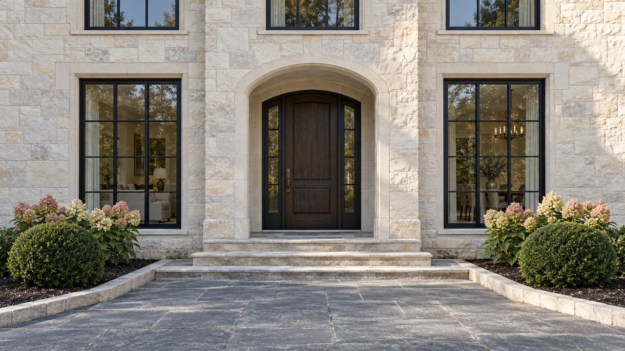 Limestone home entry with a dark oak door, black-framed windows, bluestone approach and neatly edged flowering shrub beds.