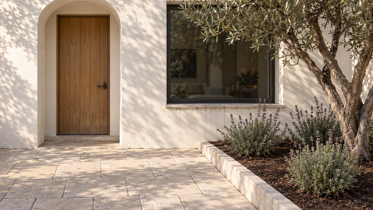 Sunlit stucco home entry with a recessed oak door, charcoal-framed window, limestone approach and a raised olive garden.