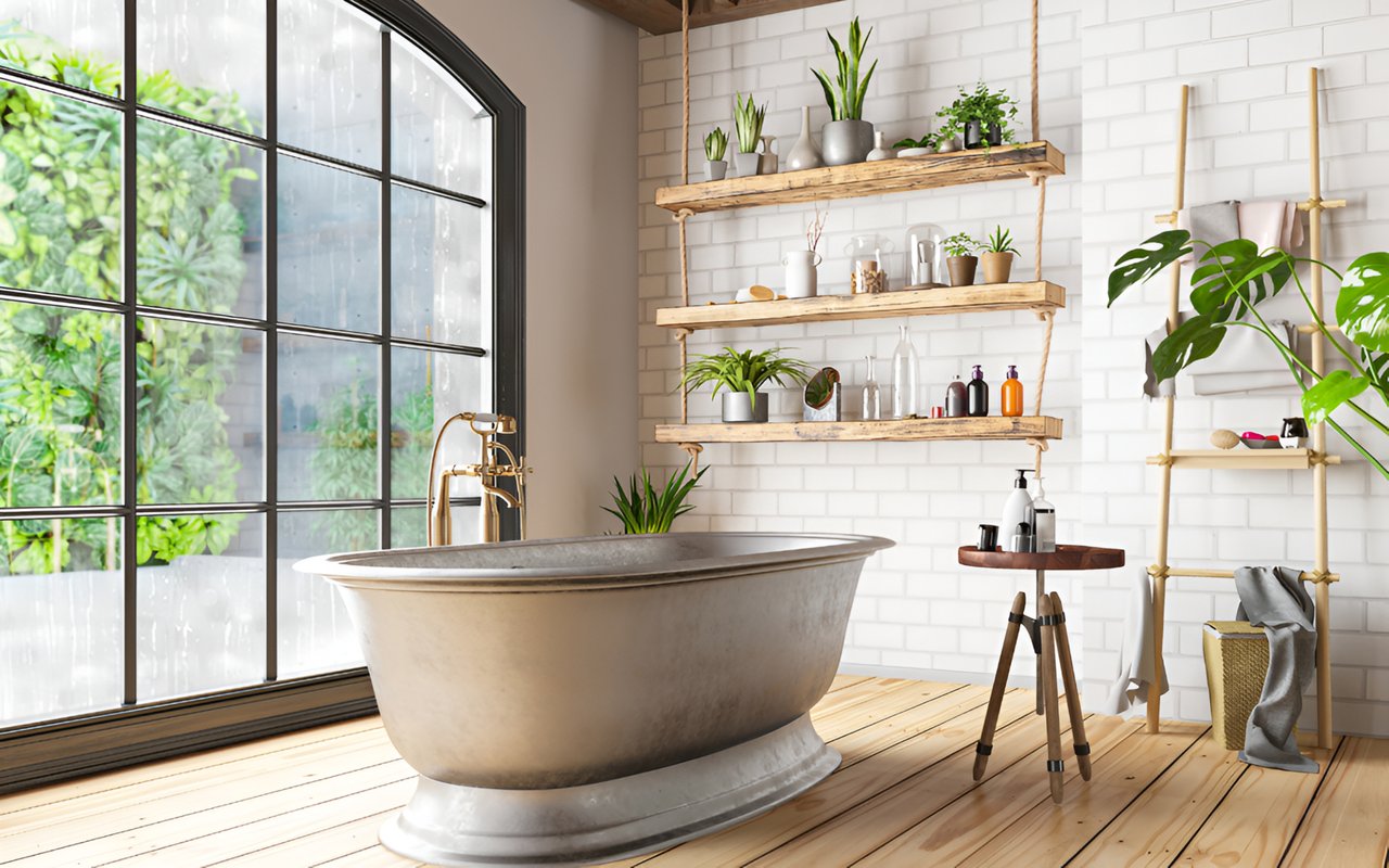 Bright bathroom with a freestanding tub, large black-framed windows, and shelves of plants.