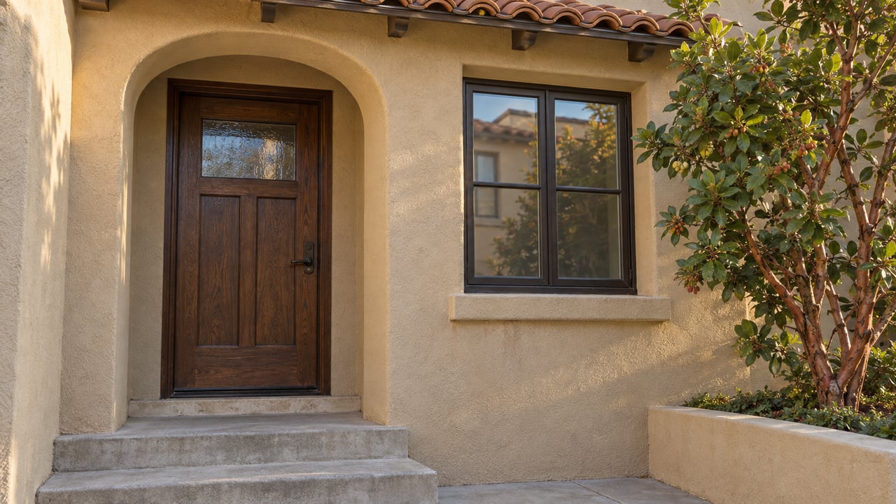 Late-afternoon light on a sand-colored stucco residential entry with an arched recess, dark wood door, divided window and broad concrete steps.