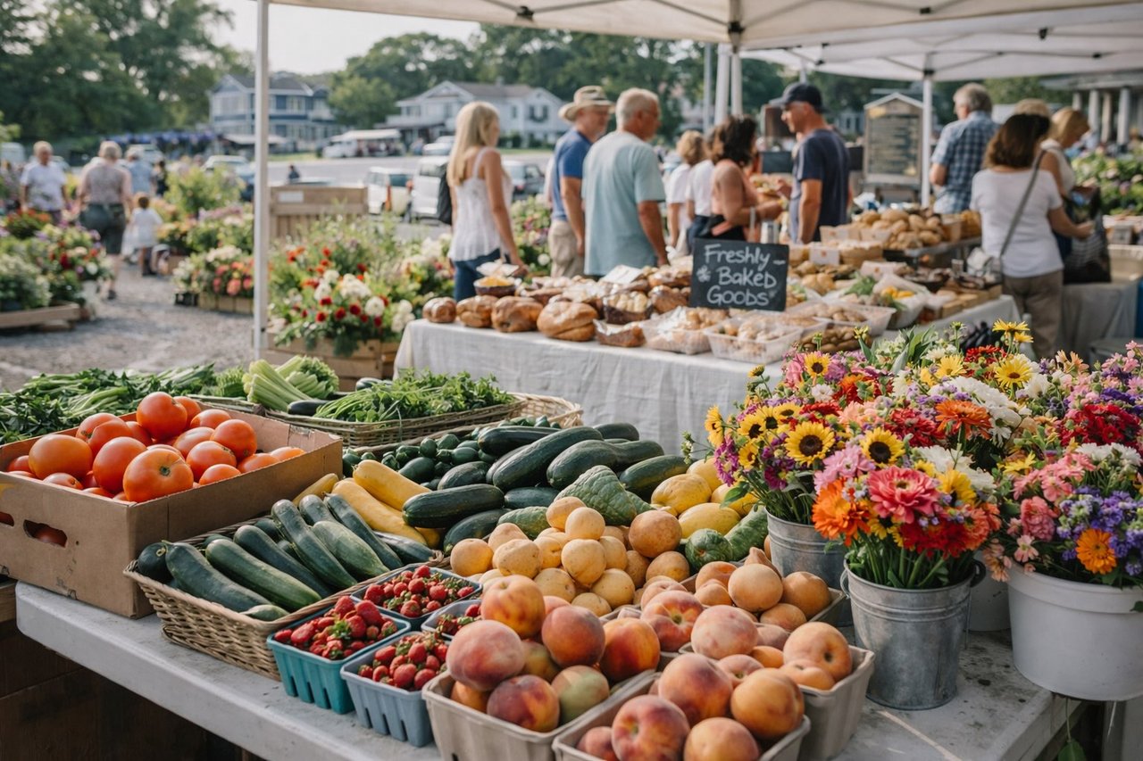 Outdoor farmers market with produce, flowers, baked goods, and local vendors near Remsenburg