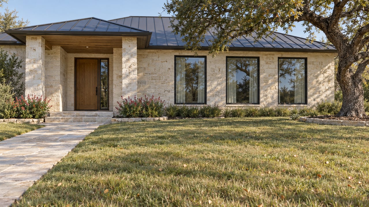 Limestone single-story home with a shaded entry porch, black-framed windows, and a broad lawn beneath a mature live oak.