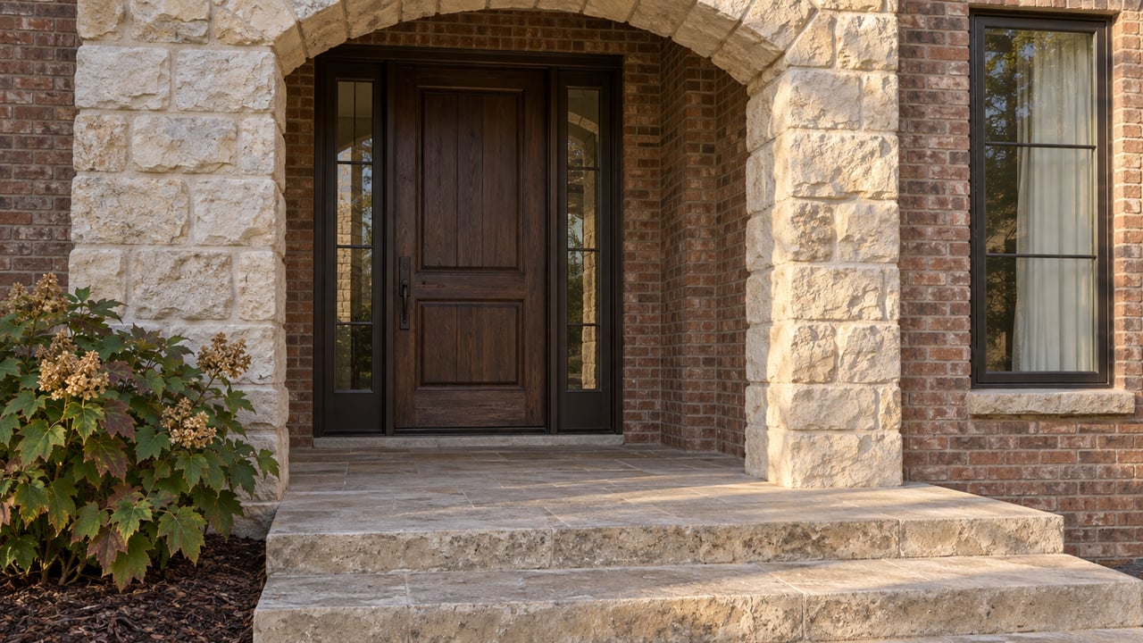 Cream limestone arch around a closed wood front door with matching sidelights, red-brown brick and an oakleaf hydrangea beside stone steps.