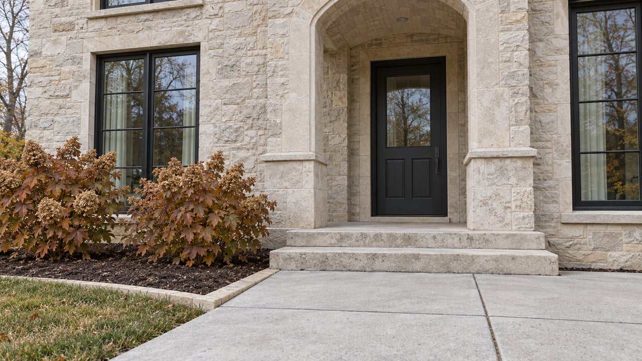 Cream stone home entrance with a recessed arch, dark glazed door, tall windows, and copper-brown oakleaf hydrangeas beside limestone steps.